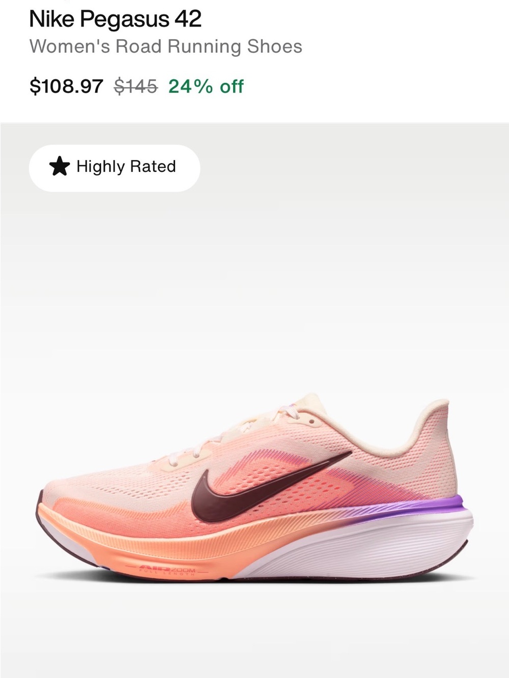 Nike Pegasus 42 Women's Running Shoes - Peach Pink with Purple Accent